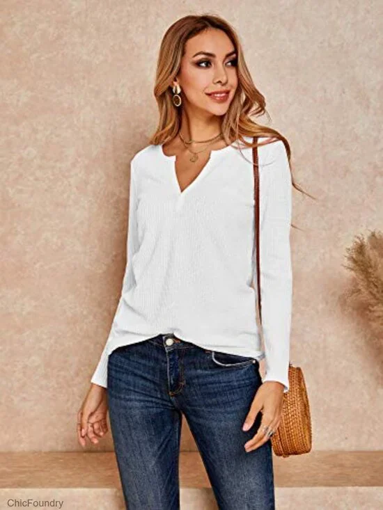 Long Sleeve V-Neck Waffle Knit Pullover Sweater Loose Fit Tee - Picture 4 of 7